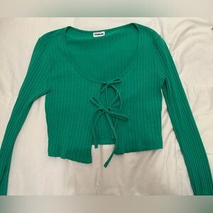 Green Ribbed Tie-Front Top